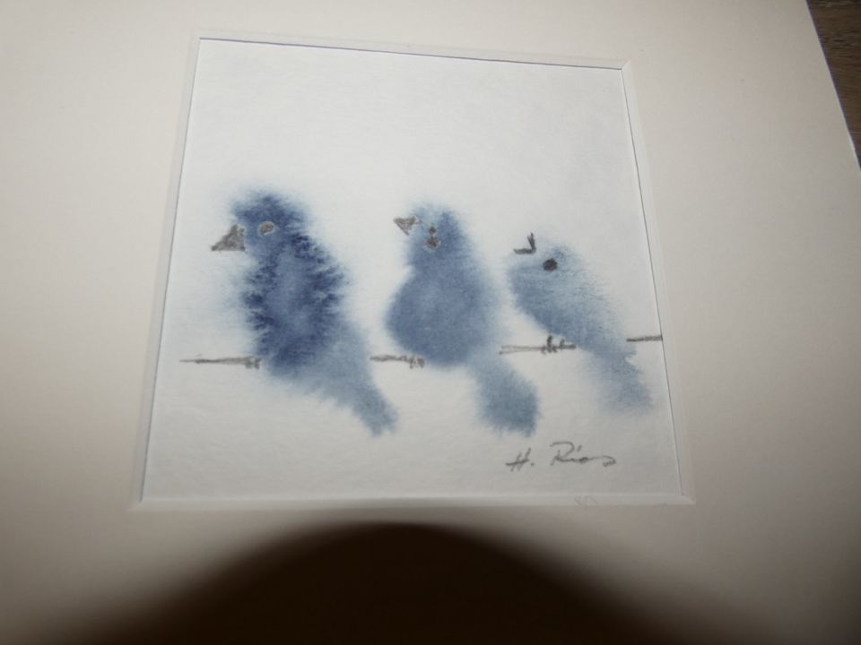 Kleines Aquarell 3 Vögel blau weiß handgemalt in Mülheim (Ruhr)