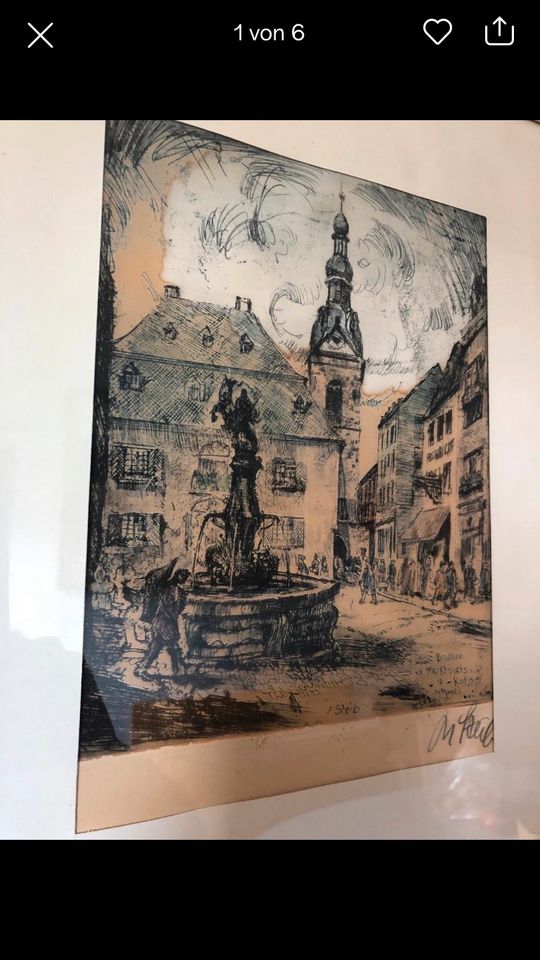 Marktplatz mit Brunnen in Cochem von Josef Steib Farbradierung in Cochem an der Mosel