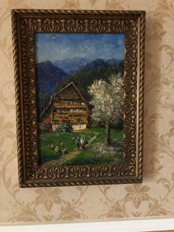 Gemälde W.H. Unger Schwarzwaldhaus, Hühner in Zeuthen