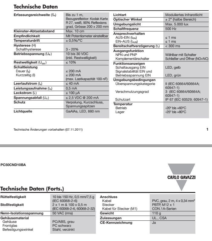 Lichtschranke Lichttaster Carlo Gavazzi PC50CND10BA - 2,75M in Wallerstein