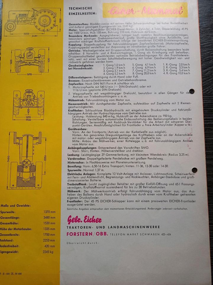 Eicher Schlepper Oldtimer Traktor Prospekt Broschüre Datenblatt in Erfurt