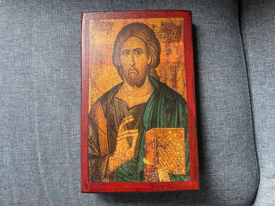 Größere ältere griechische Ikone dargestellt Christus Pantokrator in Ahorn