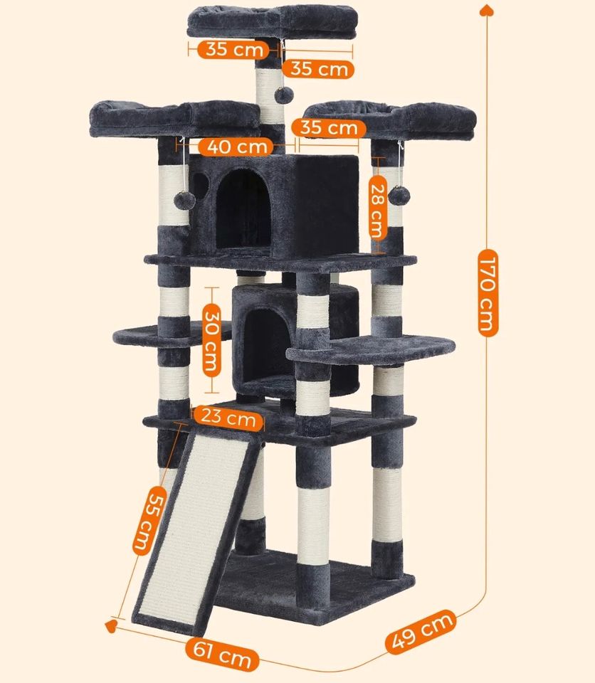 Katzenbaum Kratzbaum XXL Kletterbaum Sisal 172cm Grau in Bebra