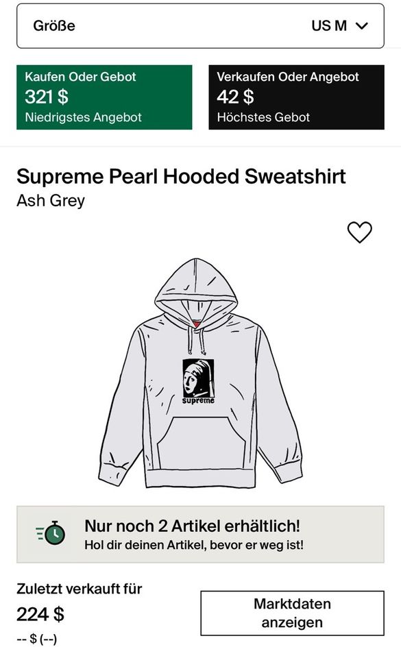 Supreme Pearl Hooded Sweatshirt ( Ash Grey) in Bochum