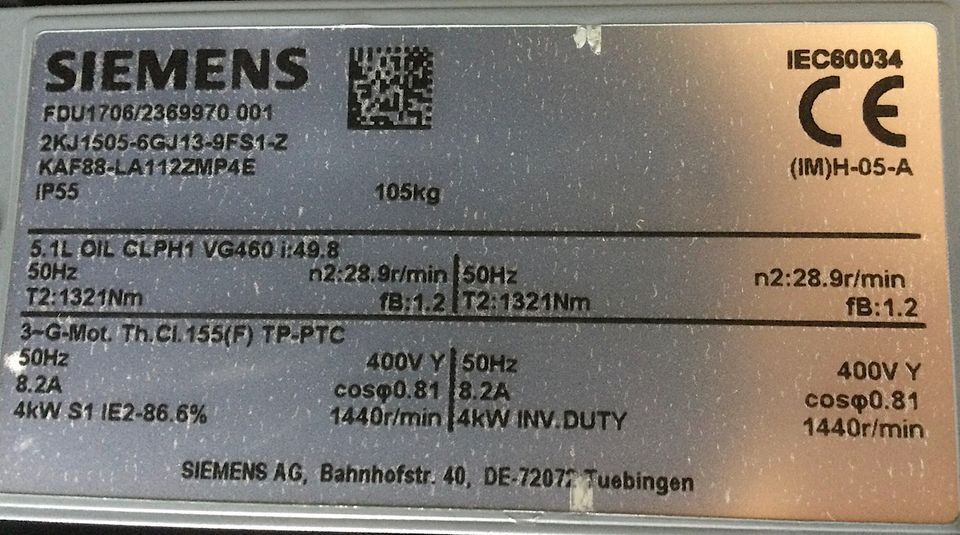 SIEMENS FDU1706/2369970 001 Getriebemotor T2:1321Nm n2:28.9r/min in Korschenbroich