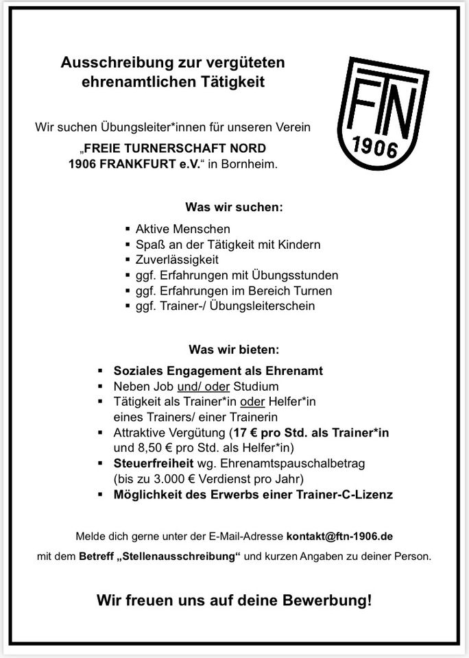 Ehrenamt - Trainertätigkeit - Frankfurt Bornheim - 17 € pro Std. in Frankfurt am Main