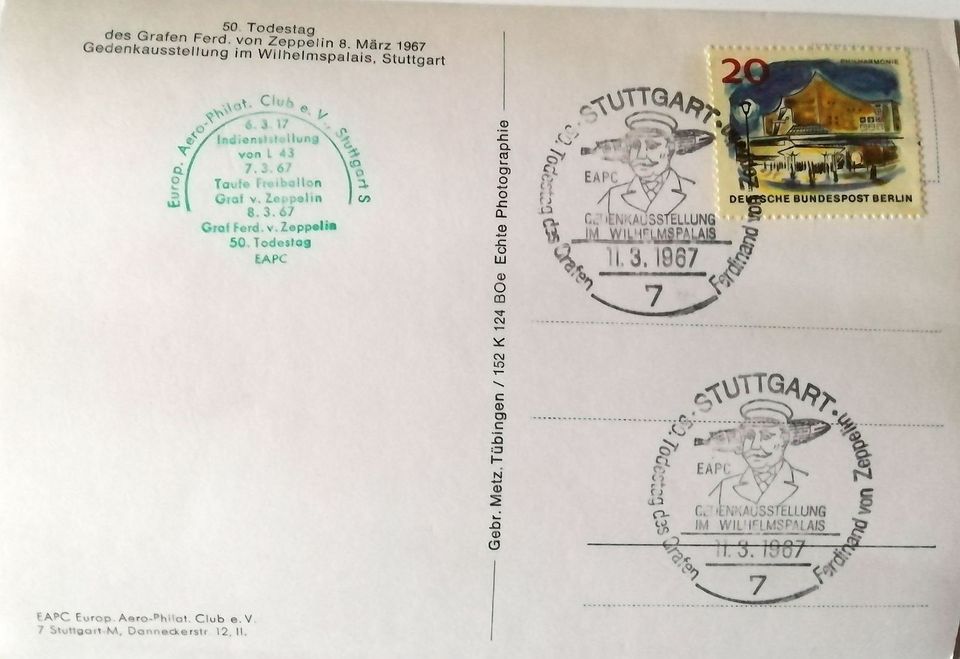 Postkarte zum 50. Todestag Graf Ferdinand von Zeppelin, 3 Stück in Magstadt