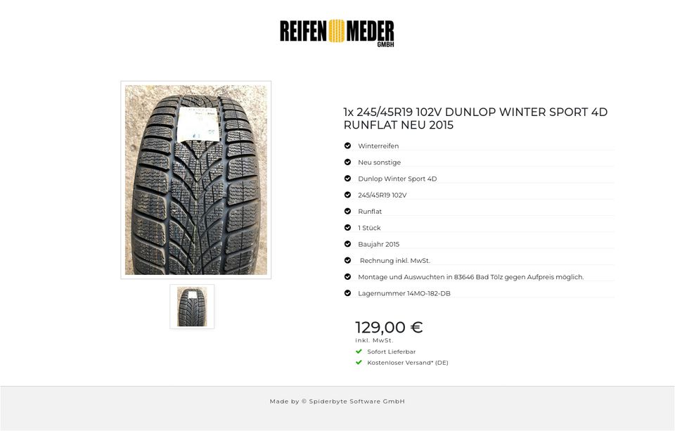 1x 245/45R19 102V DUNLOP WINTER SPORT 4D RUNFLAT NEU 2015 #5909 in Bad Tölz