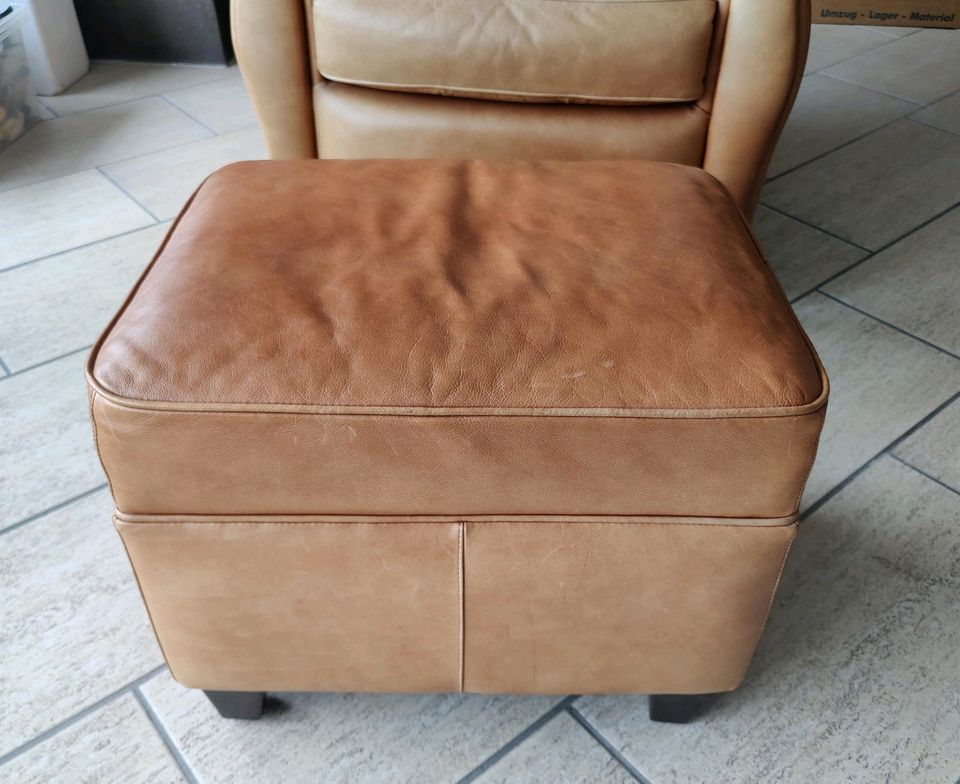 Vintage Ledersessel mit Hocker braun / hellbraun in Stuttgart