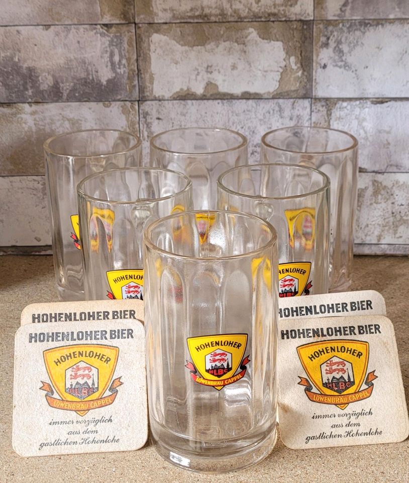 6 Hohenloher Löwenbräu Cappel Bierhumpen mit 6 Bierdeckel in Öhringen