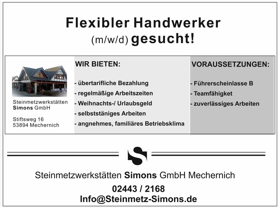 Bauhelfer/ Quereinsteiger/ Steinmetz/ Job/ Stelle/ Arbeit/ Azubi in Mechernich