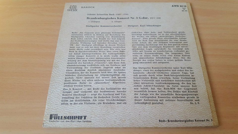 Schallplatte "Brandenburgisches Konzert Nr. 3 G-dur" von J.S.Bach in Calberlah