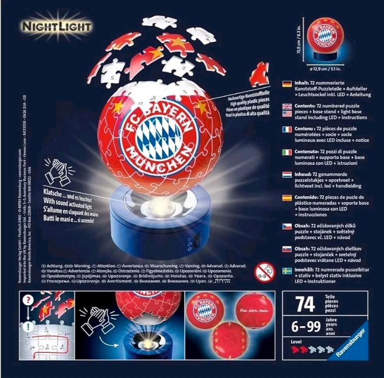 Nachtlicht mit Klatschen, 3D-Puzzle-Ball, von FC Bayern München in Neuenrade
