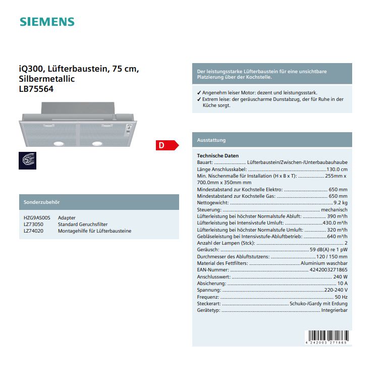 Siemens DunstabzugLB75564GB Lüfterbaustein 75 cm Silbermetallic in München