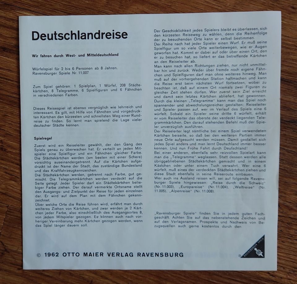 "DEUTSCHLANDREISE" Ravensburger Spiel / aus 1971 in Neuenhaus