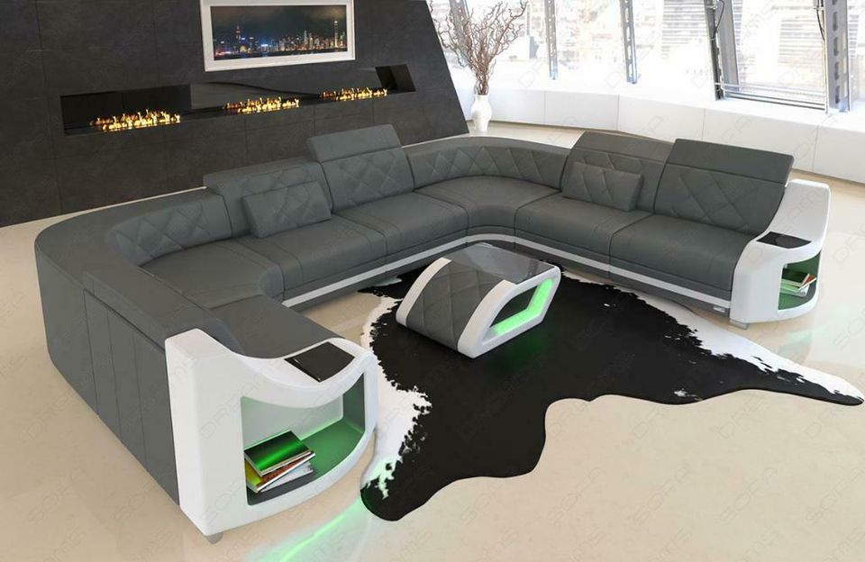 Leder Sofa Couch Wohnlandschaft Genua U Form mit LED Beleuchtung in Berlin