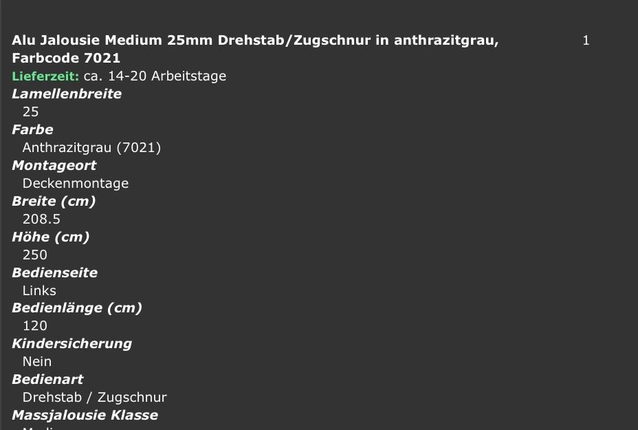 Jalousie Anthrazitgrau 208,5 (Breite) * 250 (Höhe) cm  - nagelneu in Reichertshausen