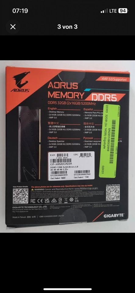 GIGABYTE AORUS Memory DIMM Kit 32GB DDR5-5200 GP-ARS32G52D5 in Pritzwalk