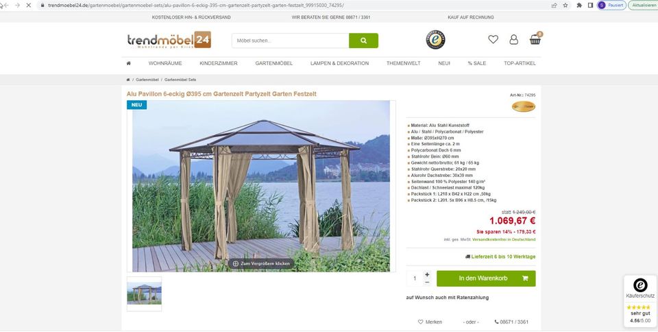 6 Eck Pavillon mit Festdach,Schlaufenschals,Polycarbonad Neu in Bad Zwischenahn