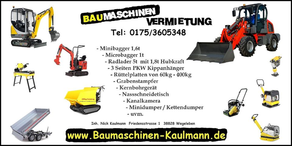 ✅ Vermietung Minibagger / Micro ✅ Microbagger mit Baggerschaufel 25, 40, 80cm MS01 Aufnahme, mieten / Baumaschinenvermietung / Baumaschinenverleih / Rüttelplatte / Nassschneidetisch für Pflastersteine in Halberstadt