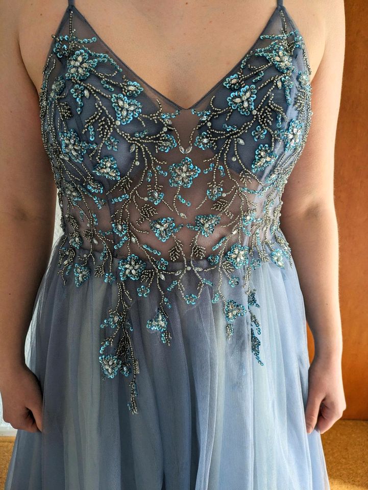 Abendkleid/Abiballkleid blau mit Schlitz und Strass L/42 in Nienburg (Weser)