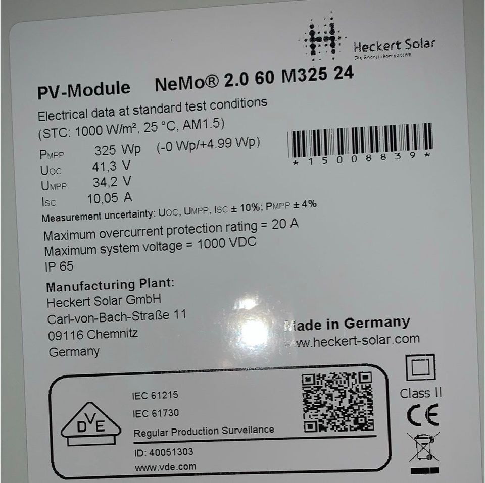 PV Module Heckert Solar NeMo® 2.0 60 M325 24 in Blaubeuren