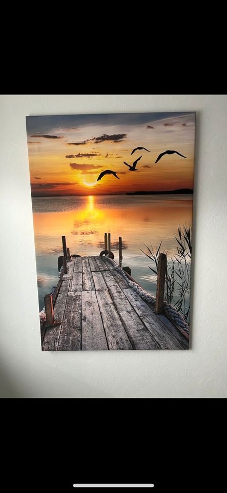 Leinwandbild Steg bei Sonnenuntergang 120x80 in Königsbronn