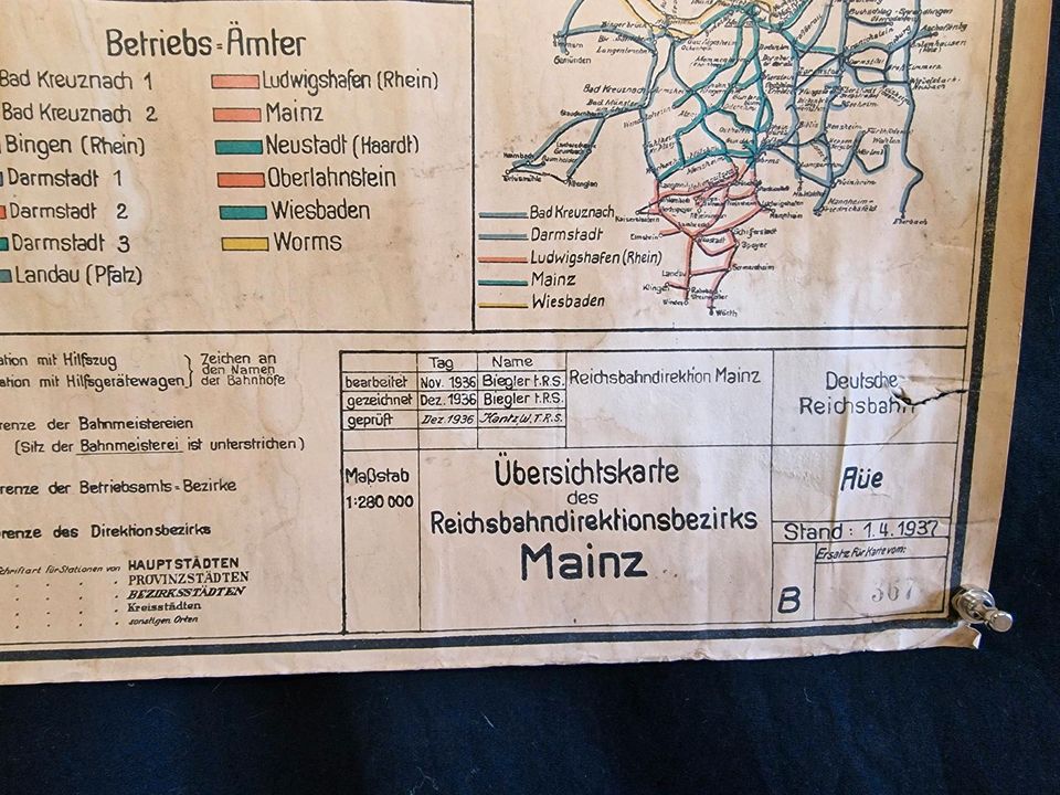 Alte Übersichtskarte des Reichsbahndirektionbezirk Mainz von 1937 in Heusweiler