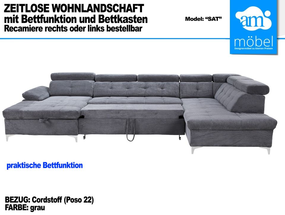 Sofa Couch Wohnlandschaft U Form Bettfunktion-Bettkasten grau in Bremen