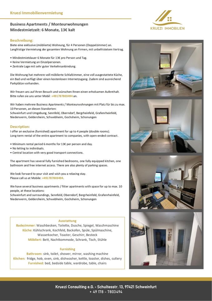 Business Apartments - Monteurwohnungen Mindestmietzeit: 6 Mon.13€ in Schweinfurt