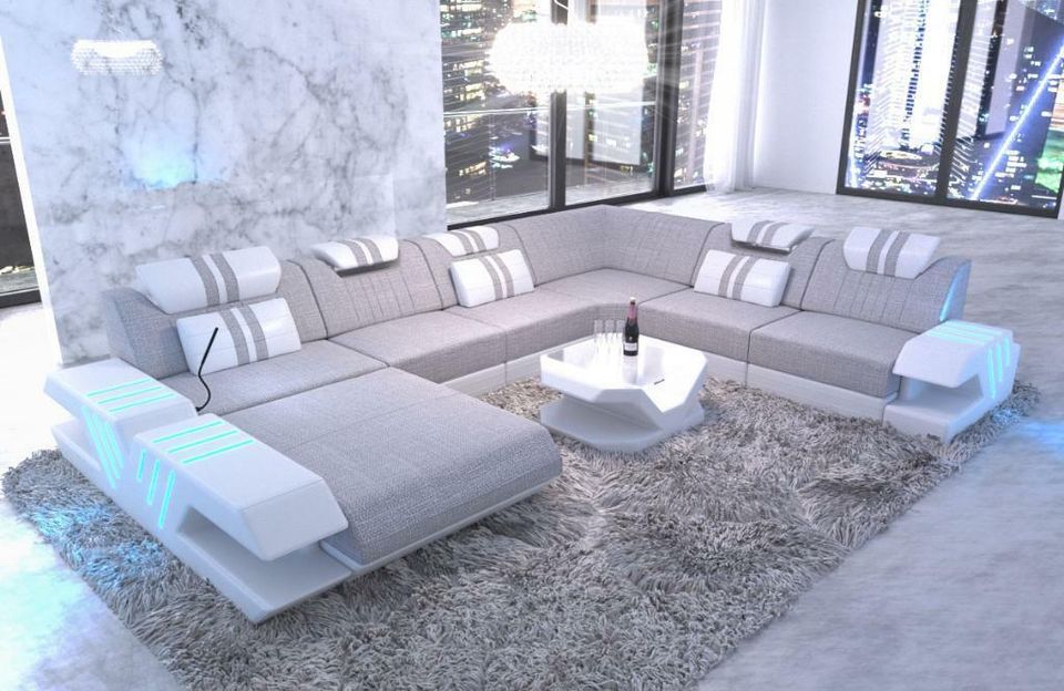 Stoff Sofa Wohnlandschaft Venedig XXL Couch mit Ottomane LED in Berlin