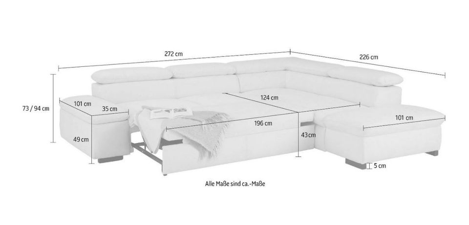 Sofa Ecksofa mit Ottomane inkl. Kopfteilverstellung, Bettfunktion in Hamburg