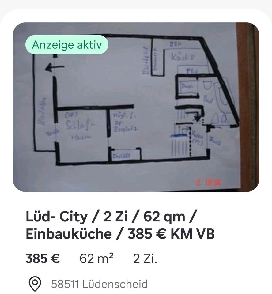 Lued- City / 2 Zi / 62 qm/ Einbauküche/ Balkon / 385 € Km Vb in Lüdenscheid