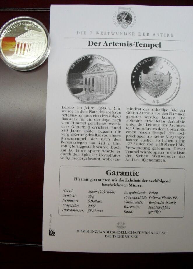 Tempel der Artemis 5 Dollars Palau 2009 Silbermünze Weltwunder in Eggstätt
