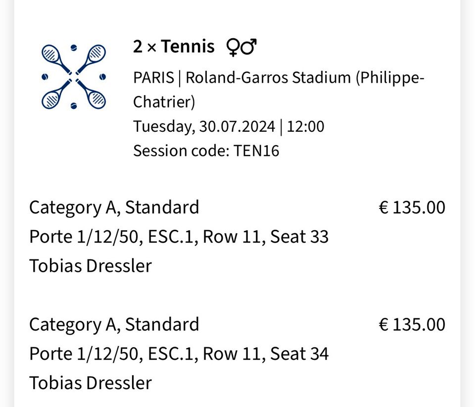 Tennis Olympia Tickets Paris 30.07.2024 in Crimmitschau