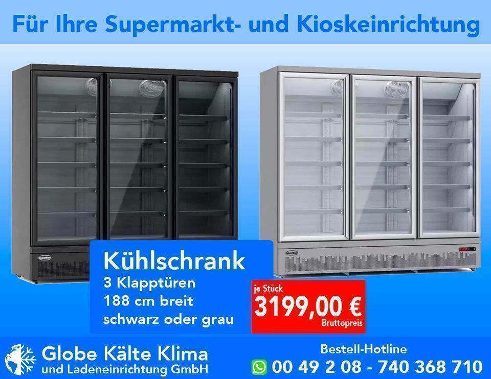 Getränkekühlschrank, Kühlschrank, Kühlregal, 3 Glastüren, silber, Kioskeinrichtung, Supermarkteinrichtung, Ladeneinrichtung in Mülheim (Ruhr)