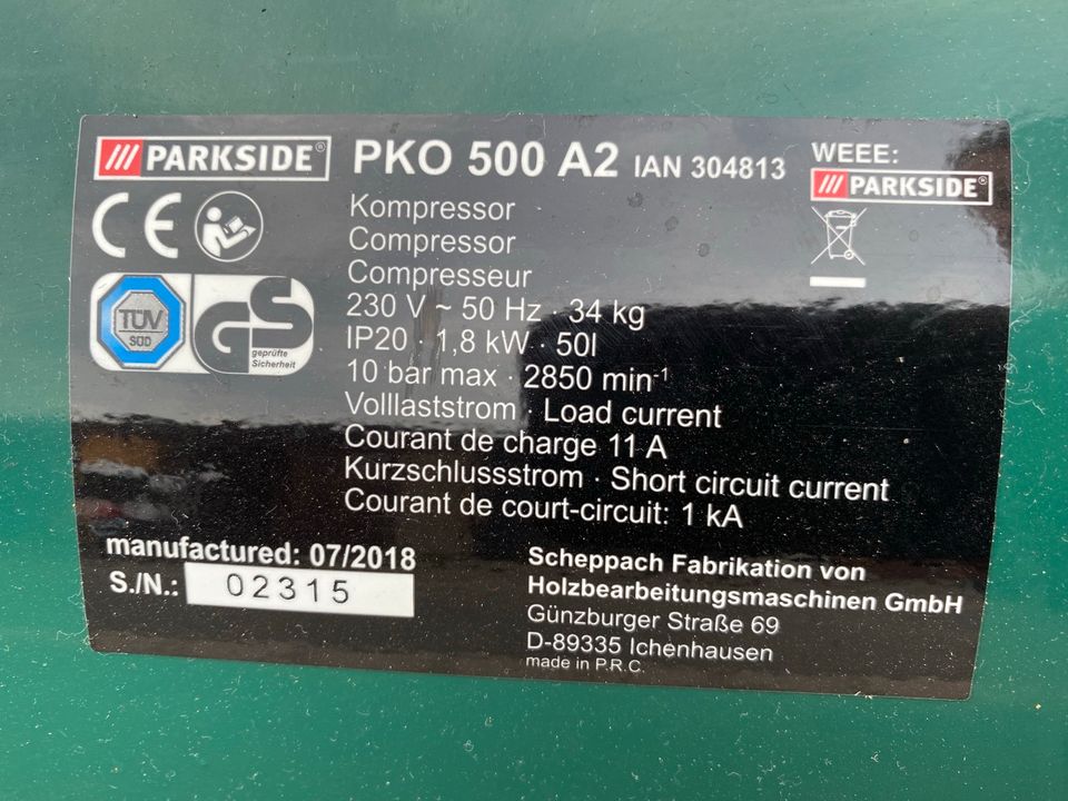 Kompressor Parkside PKO 500 A2, max.10 bar, 50l, 10m Schlauch in Sömmerda
