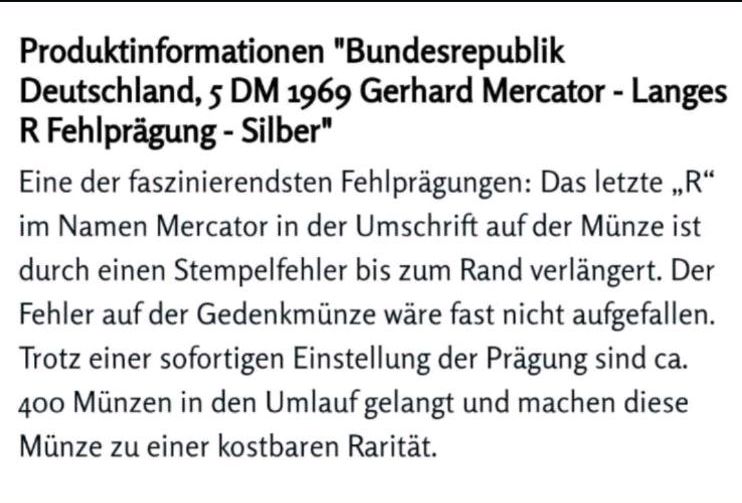 5 DM ! langes R ! Mercator 1969, Prägestätte F in 625er Silber in Wermelskirchen