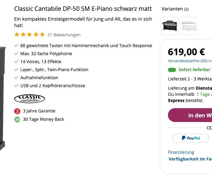 Digital Piano / E Piano Classic Cantabile DP-50 in Gützkow