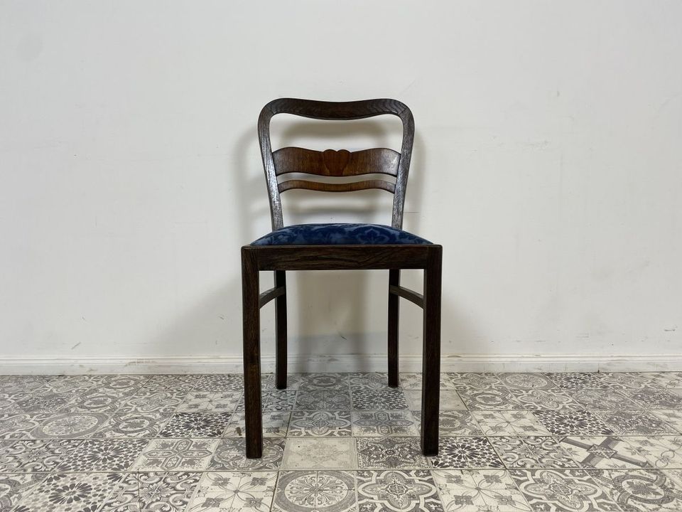 WMK Set aus 6 wunderschönen, stabilen & sehr gut erhaltnen Art Deco Esszimmerstühlen mit hochwetigem blauem Brokatstoffbezug & bequemen Federkernsitzen # Stühle Holzstühle Küchenstühle Vintage Antik in Berlin