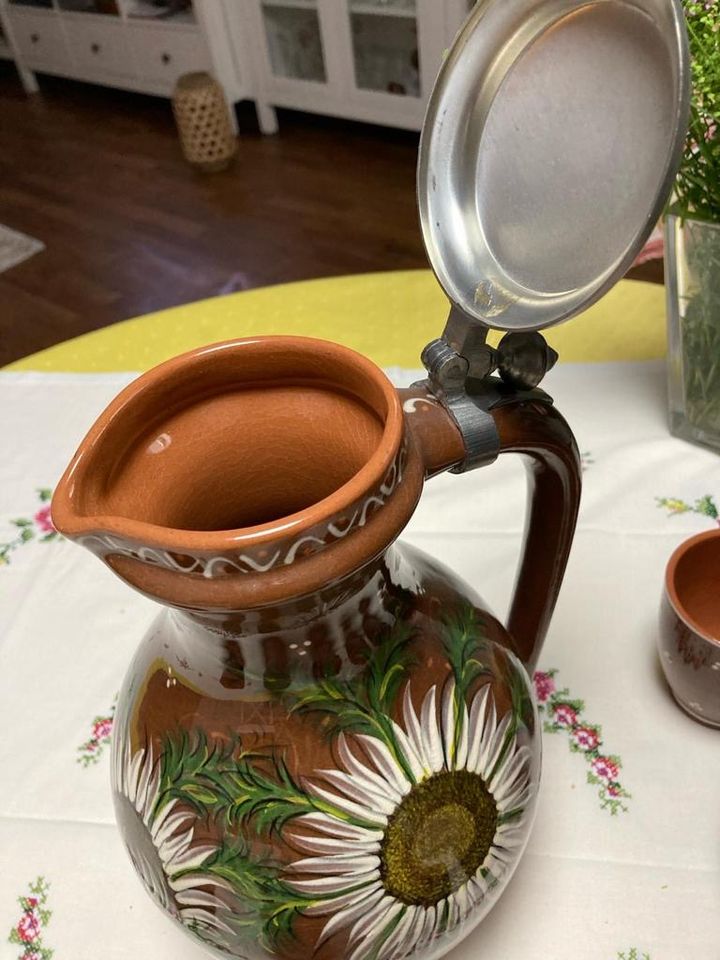Pfrontner Keramik Krug mit Zinndeckel + 6 Becher unbenutzt in Murr Württemberg