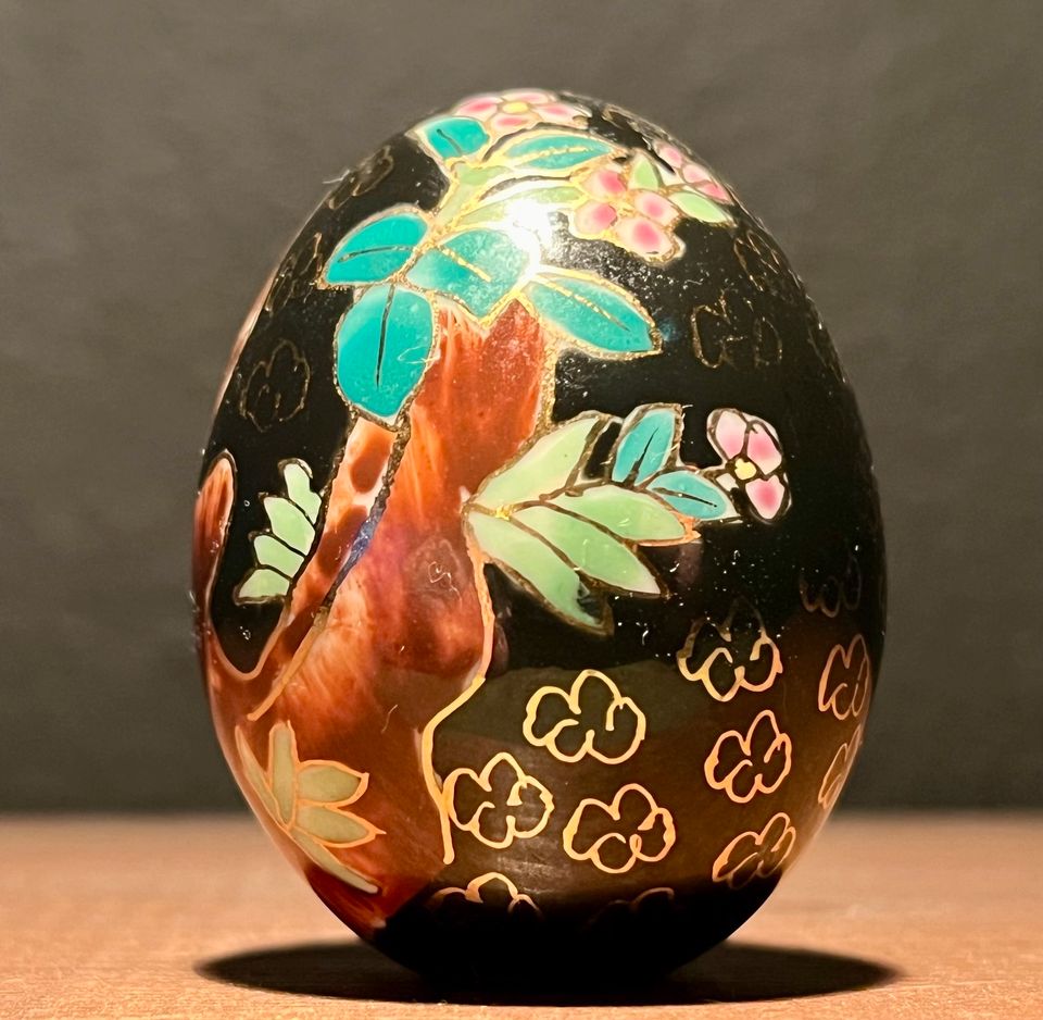 Vintage Cloisonne Ceramic Enamel Egg Black with 2 Birds & Florals in Lechbruck