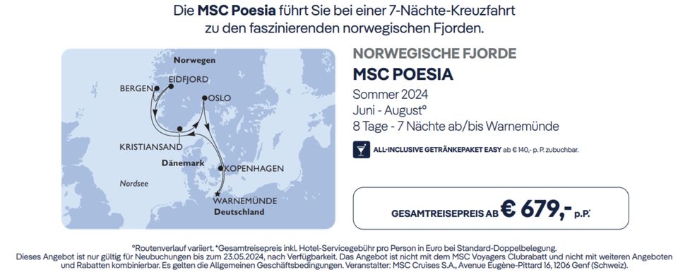 MSC POESIA NORWEGISCHE FJORDE ab/bis Warnemünde 7 Nächte in Wertheim