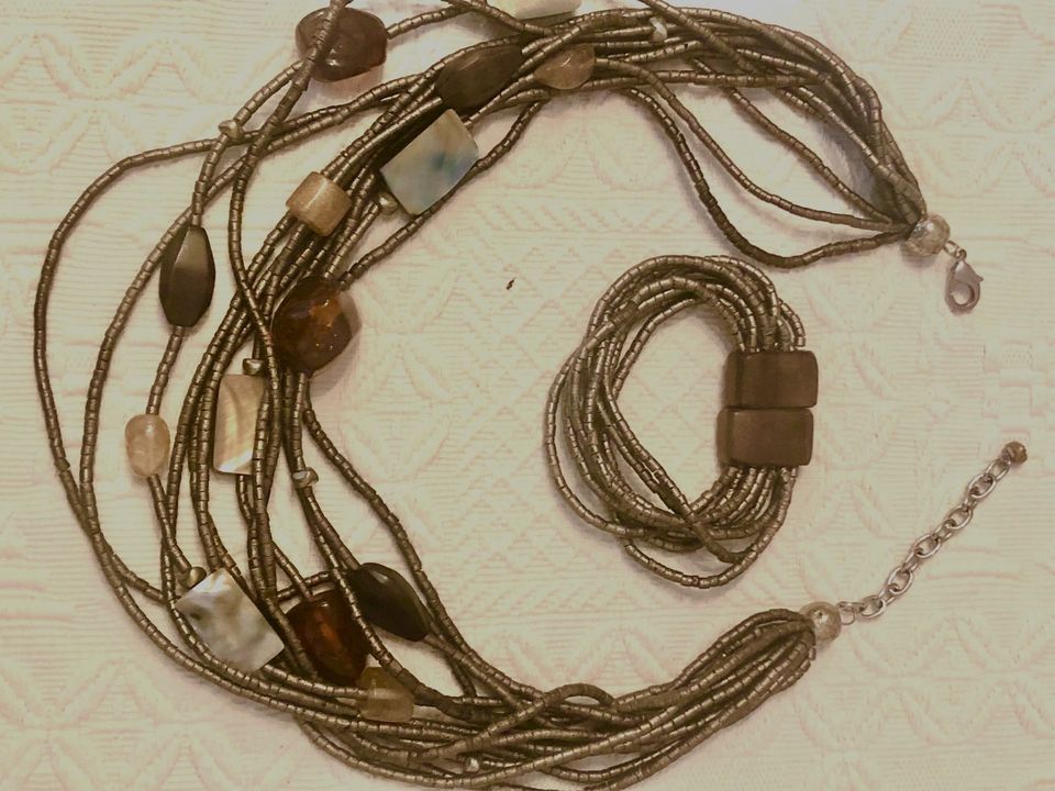 Collier Bernstein, Perlmutt, Holz, Achatsteine + Armband in Pforzheim