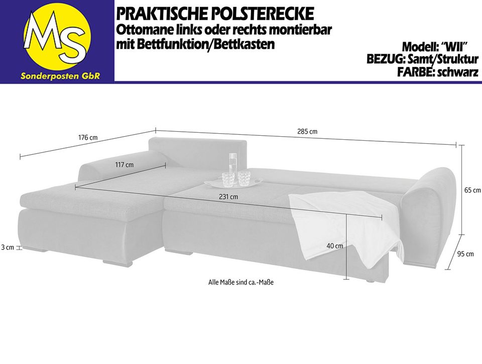 Sofa Couch Wohnlandschaft L Form Bettfunktion-Bettkasten schwarz in Mettingen