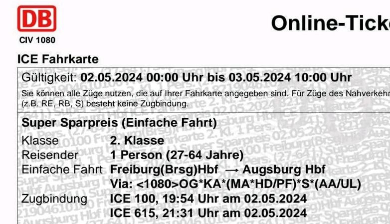 Zugticket Freiburg - Augsburg am 2.5.2024 in Augsburg