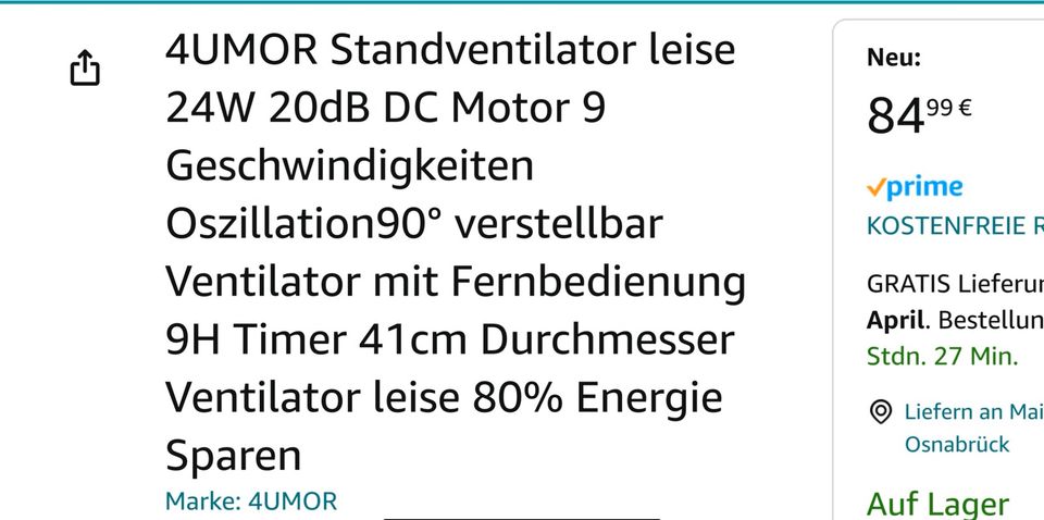 Sehr leiser Ventilator standventilator wie neu mit Fernbedienung in Osnabrück