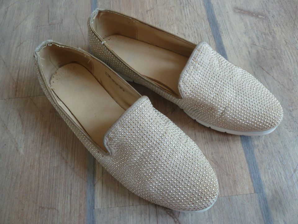 Slipper Loafer Gr. 39 beige mit gold weiße Sohle Ballerina Textil in Düsseldorf