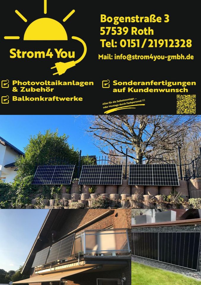 Bei 5 stück SONDERPREIS 850/800 WATT Balkonkraftwerk Komplett mit 20Grad Profilen (WAND FLACHDACHHALTERUNG) 5METER Steckerfertig MIT WLAN WECHSELRICHTER VDE TÜV von Strom4you GmbH Roth BKW Aufbauvideo in Roth b Hamm