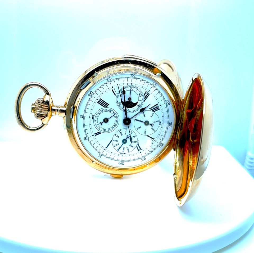 585 14K Taschenuhr Gold Paris 1889 Mondphase chrono Kalender Uhr in Igel